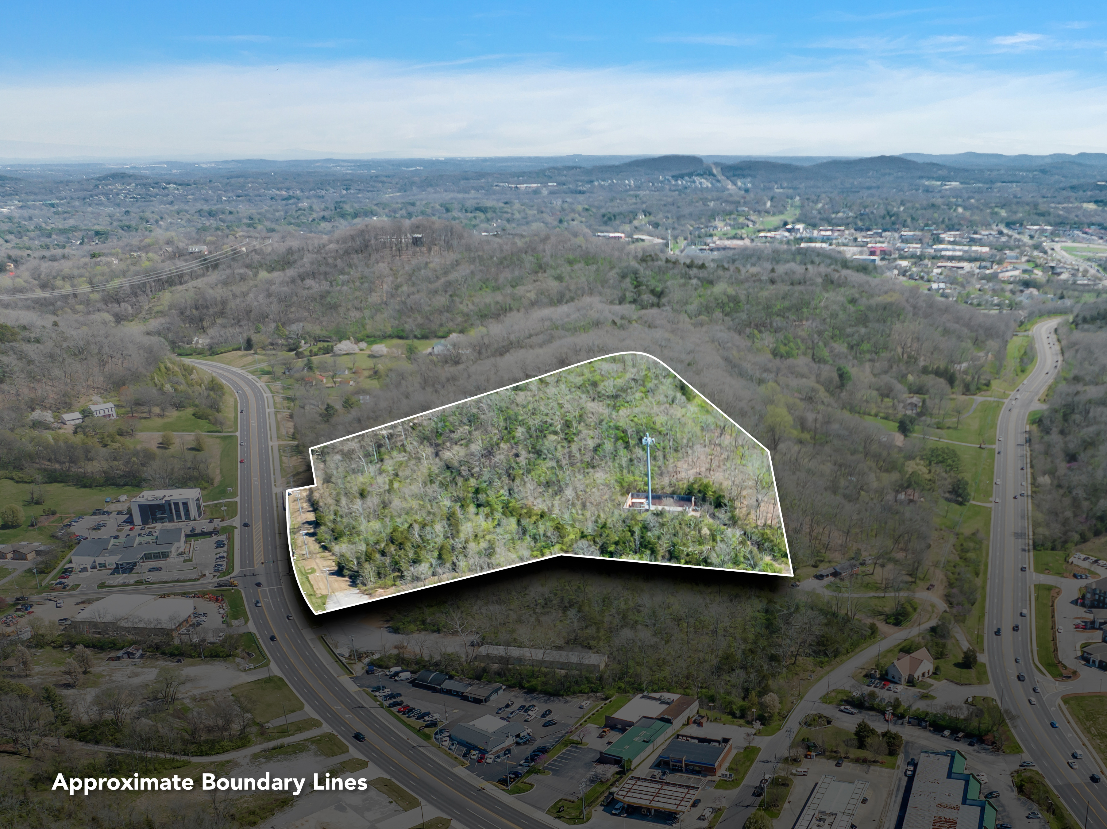 A highlighted visual showing the approximate boundary lines of this 9.88 acre commercial property in Brentwood, TN.