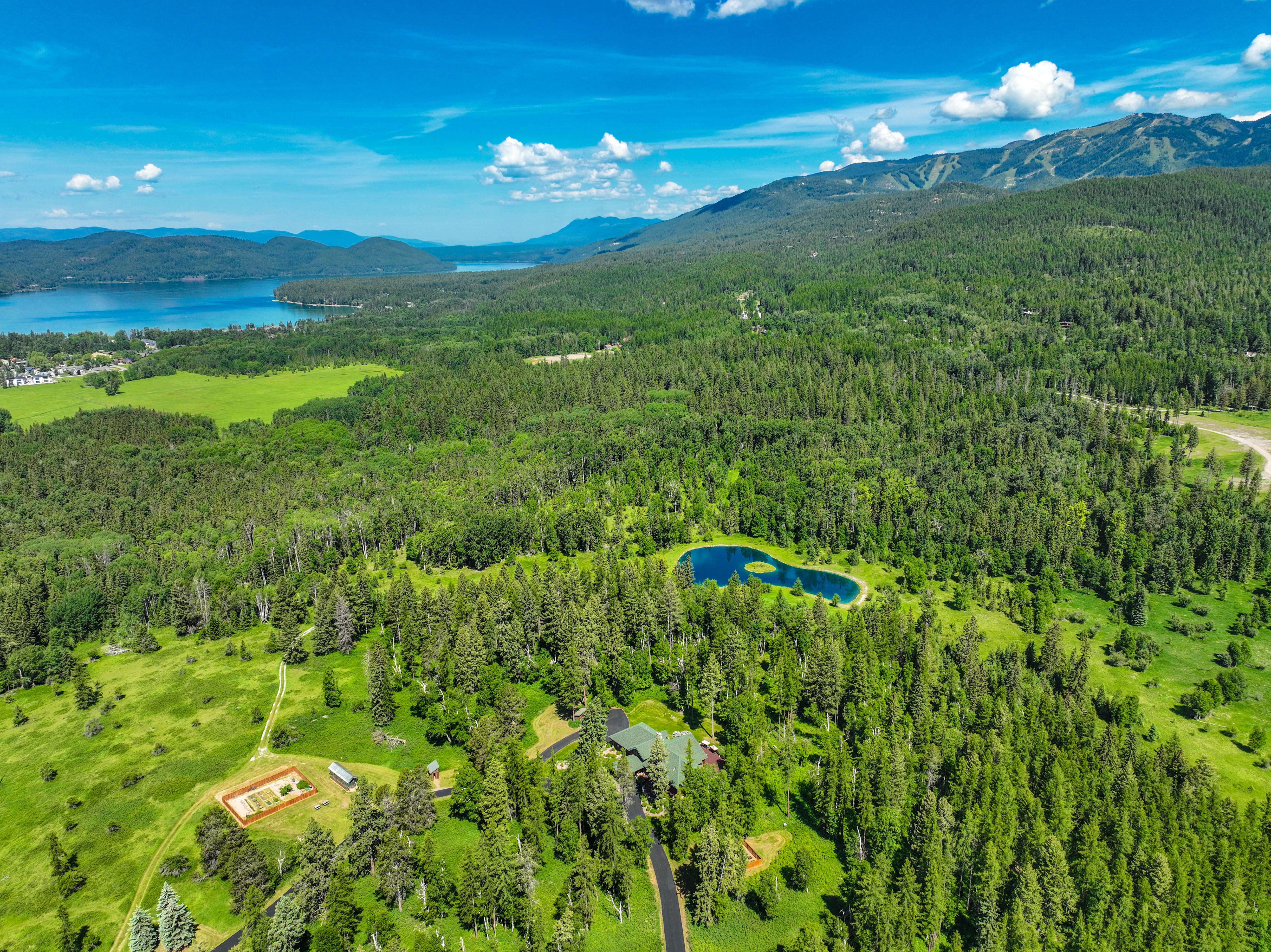 An aerial shot of Everett Ranch in Whitefish, MT. The perfect retreat property for outdoor lovers